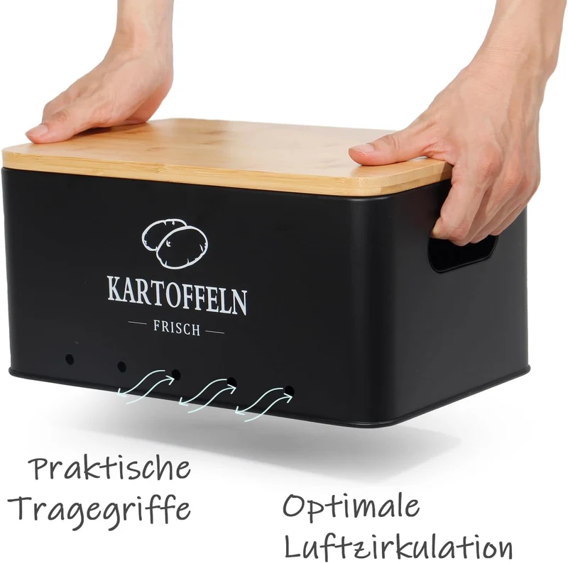 Kartoffel Aufbewahrungsbox 3er Set, 360° Luftzirkulation für längere Frische, Für Zwiebeln, Kartoffeln, Knoblauch Schwarz