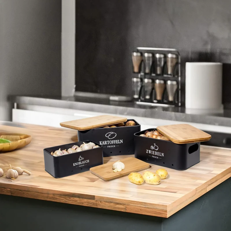 Kartoffel Aufbewahrungsbox 3er Set, 360° Luftzirkulation für längere Frische, Für Zwiebeln, Kartoffeln, Knoblauch Schwarz