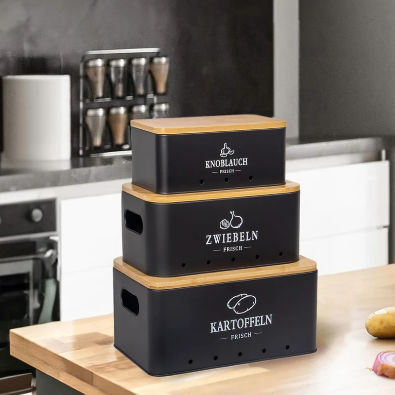 Kartoffel Aufbewahrungsbox 3er Set, 360° Luftzirkulation für längere Frische, Für Zwiebeln, Kartoffeln, Knoblauch Schwarz