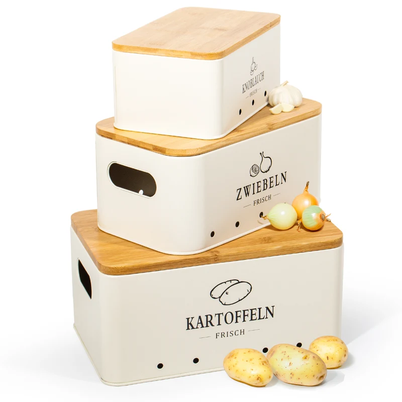 Kartoffel Aufbewahrungsbox [3er Set], Weg für Zwiebel Kartoffel Aufbewahrung und Knoblauch Aufbewahrung, hält Gemüse länger frisch (Matt Beige)