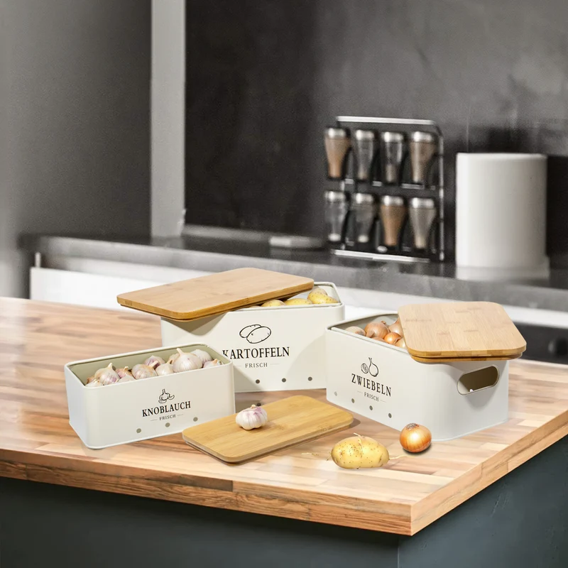 Kartoffel Aufbewahrungsbox [3er Set], Weg für Zwiebel Kartoffel Aufbewahrung und Knoblauch Aufbewahrung, hält Gemüse länger frisch (Matt Beige)