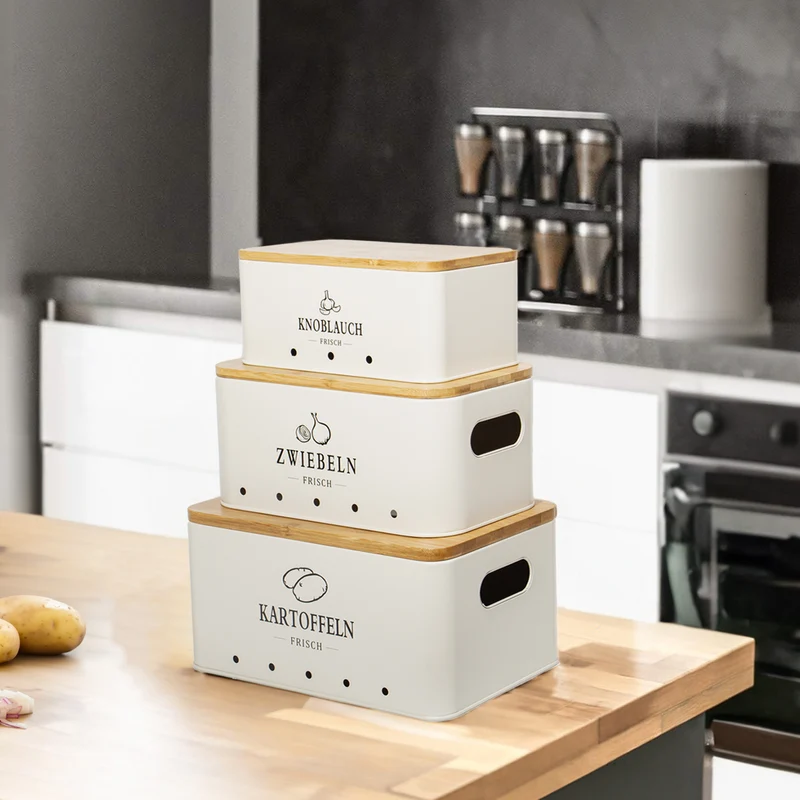 Kartoffel Aufbewahrungsbox [3er Set], Weg für Zwiebel Kartoffel Aufbewahrung und Knoblauch Aufbewahrung, hält Gemüse länger frisch (Matt Beige)