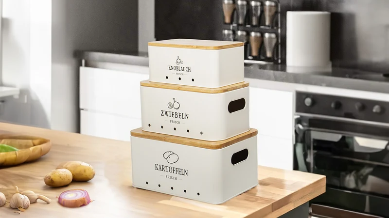 Kartoffel Aufbewahrungsbox [3er Set], Weg für Zwiebel Kartoffel Aufbewahrung und Knoblauch Aufbewahrung, hält Gemüse länger frisch (Matt Beige)