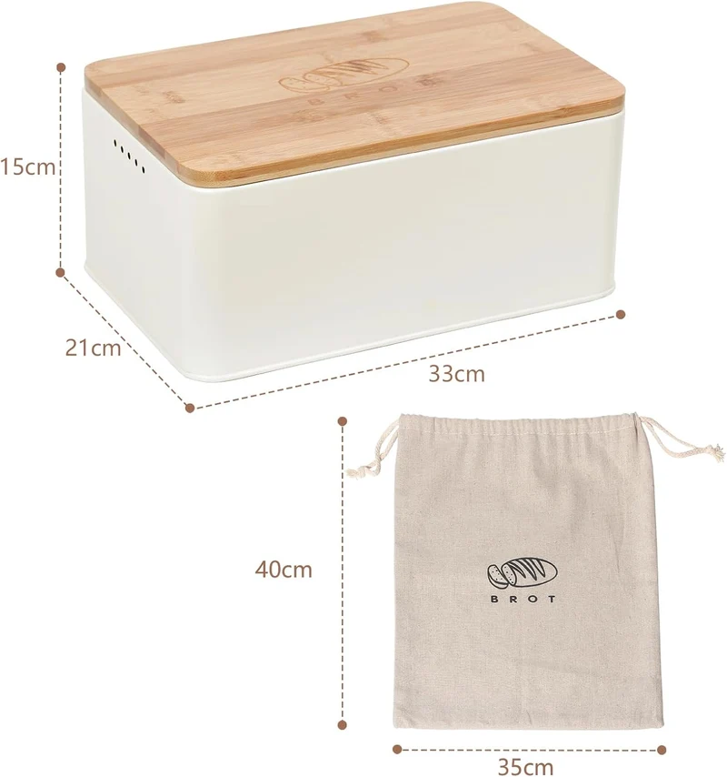 Brotkasten mit Schneidebrett, Matte Brotbox mit Holzdeckel und Leinen Brotbeutel, Rundum Belüftung, Brotkorb für langanhaltende Frische (Beige)