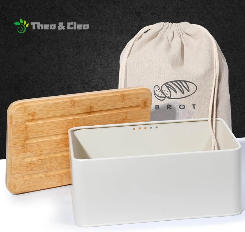 Brotkasten mit Schneidebrett, Matte Brotbox mit Holzdeckel und Leinen Brotbeutel, Rundum Belüftung, Brotkorb für langanhaltende Frische (Beige)