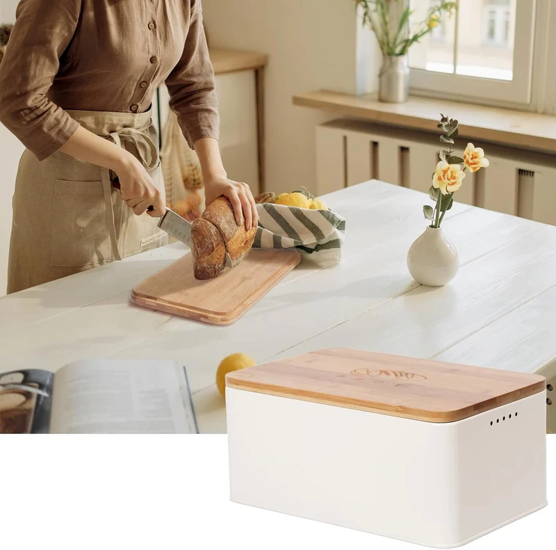 Brotkasten mit Schneidebrett, Matte Brotbox mit Holzdeckel und Leinen Brotbeutel, Rundum Belüftung, Brotkorb für langanhaltende Frische (Beige)