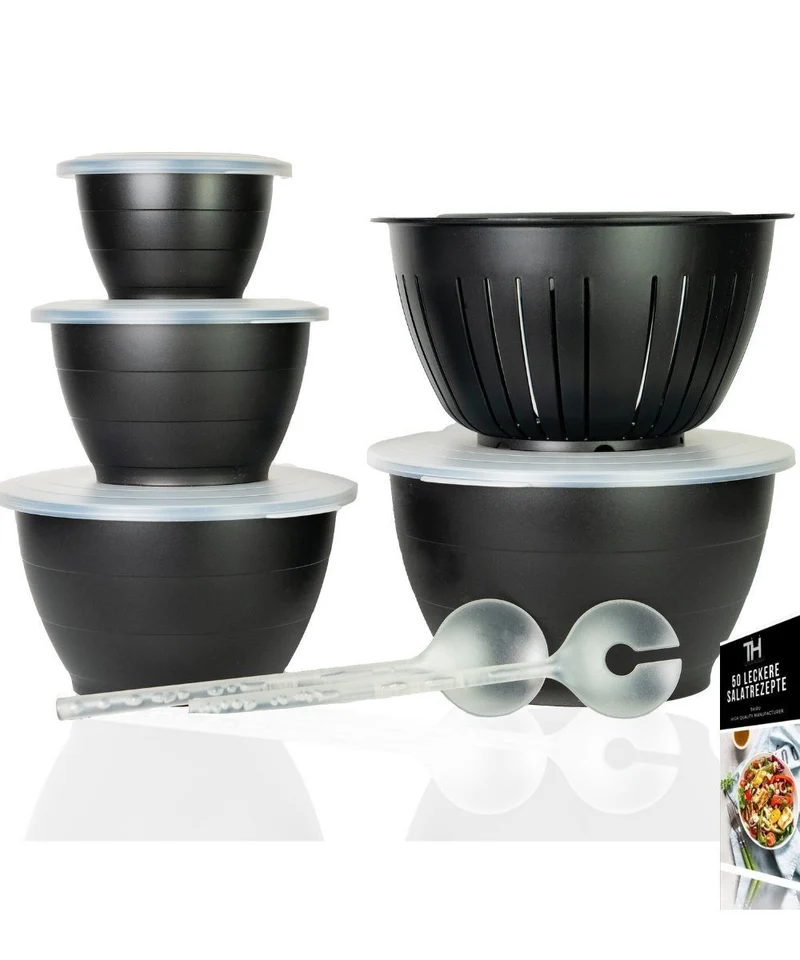Thiru Salatschüssel 6 oder 8 Teilig 0,6L/1,3L/2,5L/4,4L - mit Deckel, Seiher, Salatbesteck, Spülmaschinenfest