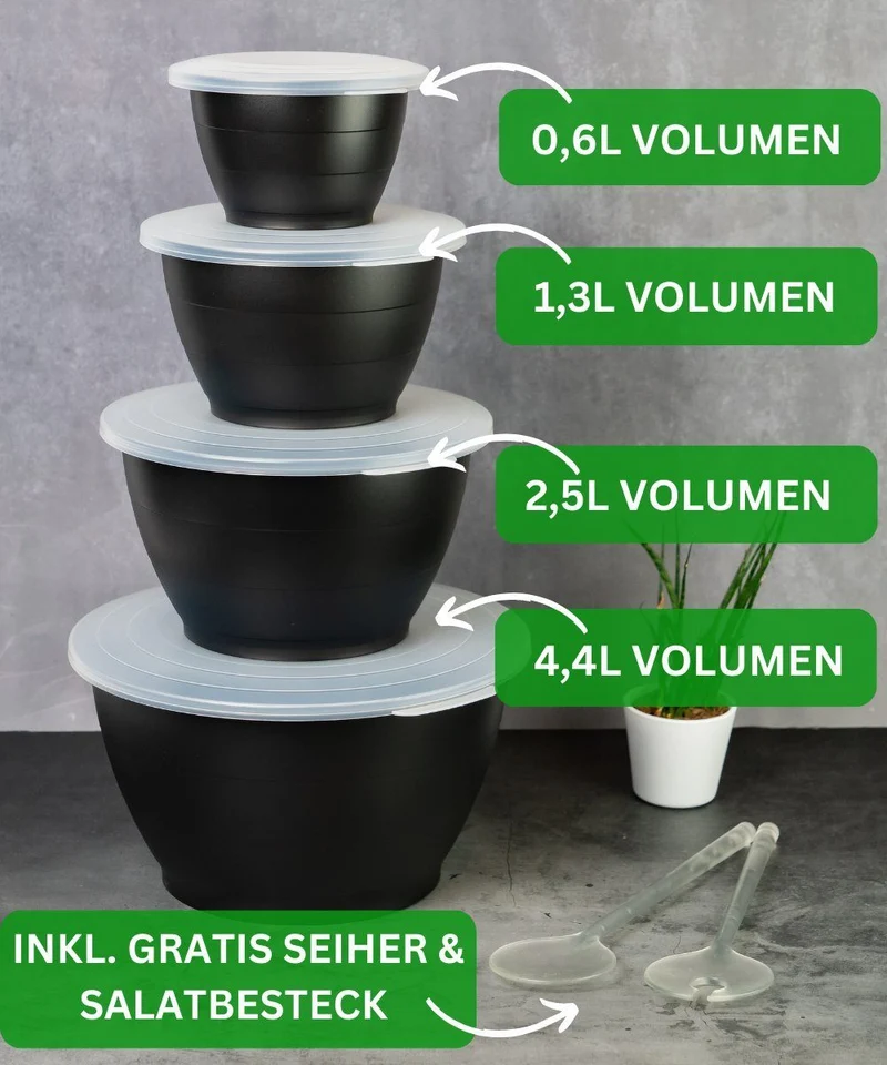 Thiru Salatschüssel 6 oder 8 Teilig 0,6L/1,3L/2,5L/4,4L - mit Deckel, Seiher, Salatbesteck, Spülmaschinenfest
