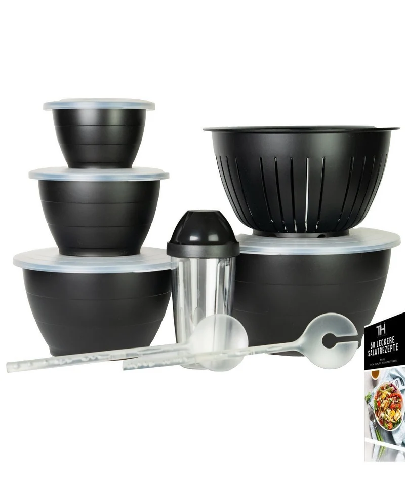Thiru Salatschüssel 6 oder 8 Teilig 0,6L/1,3L/2,5L/4,4L - mit Deckel, Seiher, Salatbesteck, Spülmaschinenfest