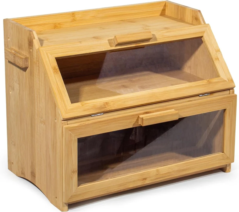 Bambus Brotkasten mit Belüftung, Großer Brotbox, 2 Etagen und Sichtfenster, Holz Brotbehälter für Hörnchen, Brötchen, Brotaufbewahrung Küche