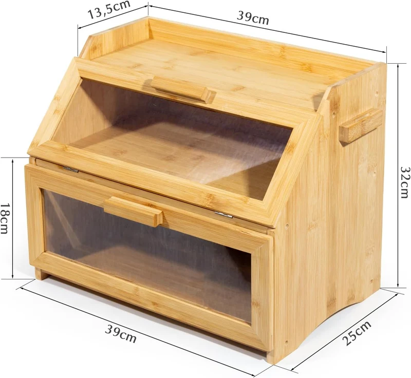 Bambus Brotkasten mit Belüftung, Großer Brotbox, 2 Etagen und Sichtfenster, Holz Brotbehälter für Hörnchen, Brötchen, Brotaufbewahrung Küche