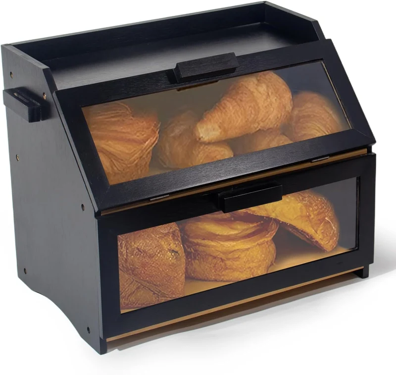 Bambus Brotkasten mit Belüftung, Großer Brotbox, 2 Etagen und Sichtfenster, Holz Brotbehälter für Hörnchen, Brötchen, Brotaufbewahrung Küche