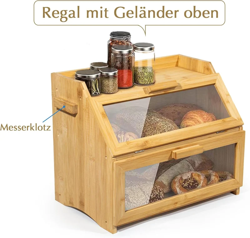 Bambus Brotkasten mit Belüftung, Großer Brotbox, 2 Etagen und Sichtfenster, Holz Brotbehälter für Hörnchen, Brötchen, Brotaufbewahrung Küche