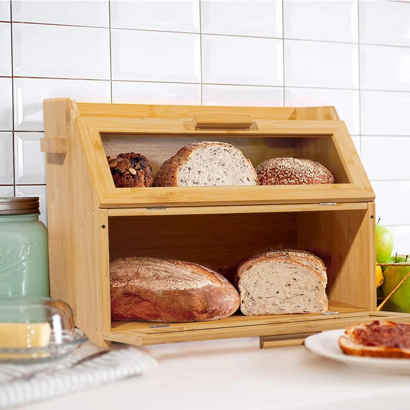 Bambus Brotkasten mit Belüftung, Großer Brotbox, 2 Etagen und Sichtfenster, Holz Brotbehälter für Hörnchen, Brötchen, Brotaufbewahrung Küche