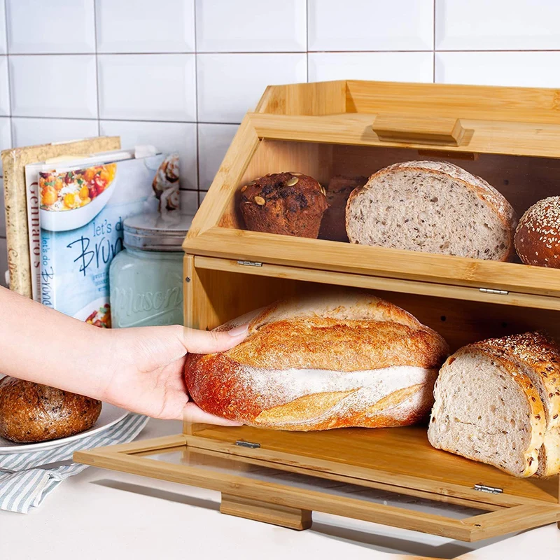 Bambus Brotkasten mit Belüftung, Großer Brotbox, 2 Etagen und Sichtfenster, Holz Brotbehälter für Hörnchen, Brötchen, Brotaufbewahrung Küche