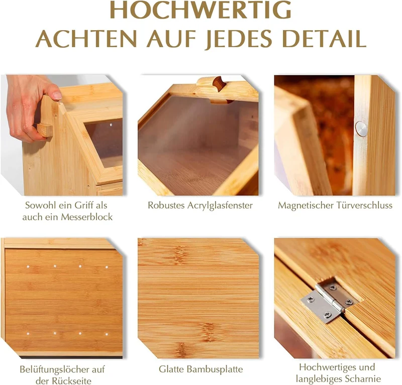 Bambus Brotkasten mit Belüftung, Großer Brotbox, 2 Etagen und Sichtfenster, Holz Brotbehälter für Hörnchen, Brötchen, Brotaufbewahrung Küche