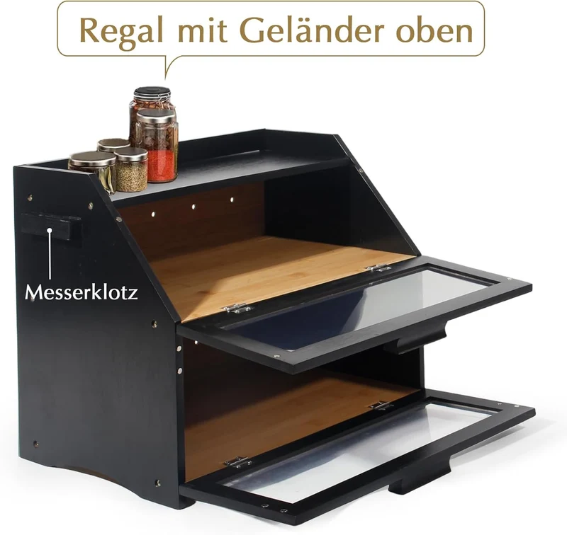 Bambus Brotkasten mit Belüftung, Großer Brotbox, 2 Etagen und Sichtfenster, Holz Brotbehälter für Hörnchen, Brötchen, Brotaufbewahrung Küche