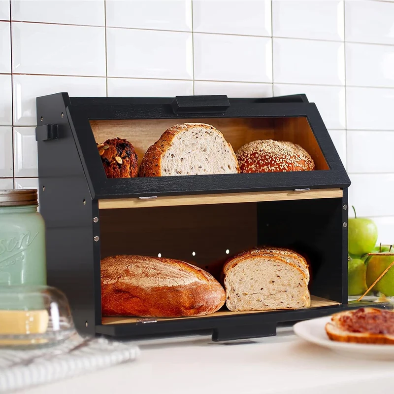 Bambus Brotkasten mit Belüftung, Großer Brotbox, 2 Etagen und Sichtfenster, Holz Brotbehälter für Hörnchen, Brötchen, Brotaufbewahrung Küche