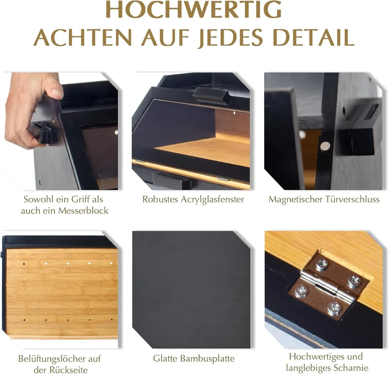 Bambus Brotkasten mit Belüftung, Großer Brotbox, 2 Etagen und Sichtfenster, Holz Brotbehälter für Hörnchen, Brötchen, Brotaufbewahrung Küche