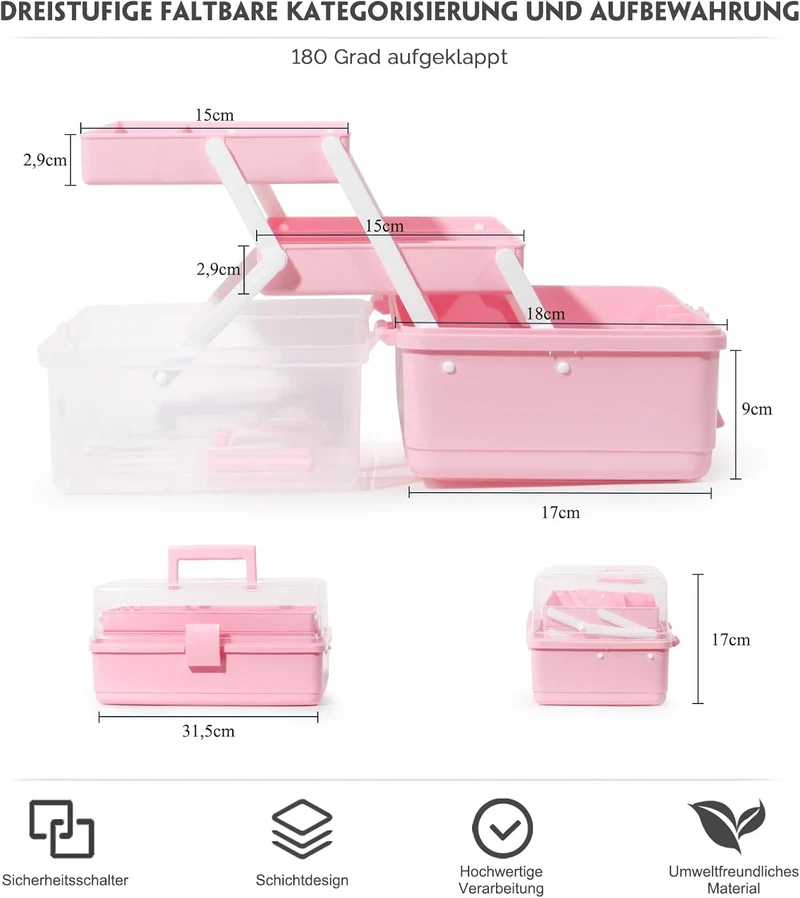 Aufbewahrungsbox mit fächern, Sortierboxen, Nähkasten, Bastelkoffer leer, Medicine Organizer Box, Angelkoffer, Aufbewahrung for Kleinteile, Haargummi (Rosa-31,5cm)