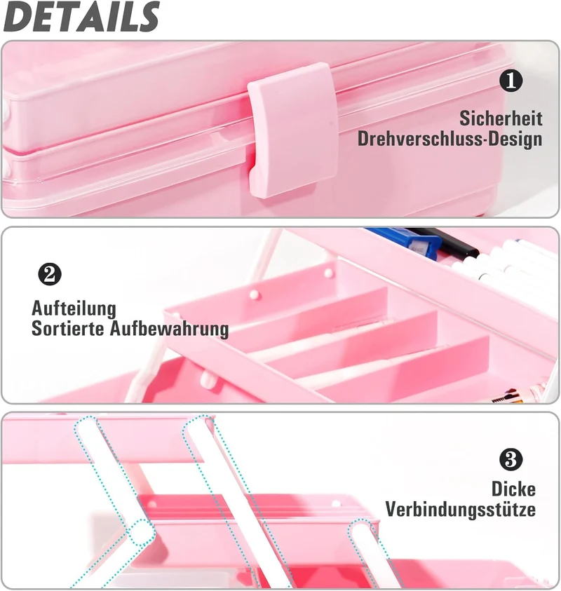 Aufbewahrungsbox mit fächern, Sortierboxen, Nähkasten, Bastelkoffer leer, Medicine Organizer Box, Angelkoffer, Aufbewahrung for Kleinteile, Haargummi (Rosa-31,5cm)