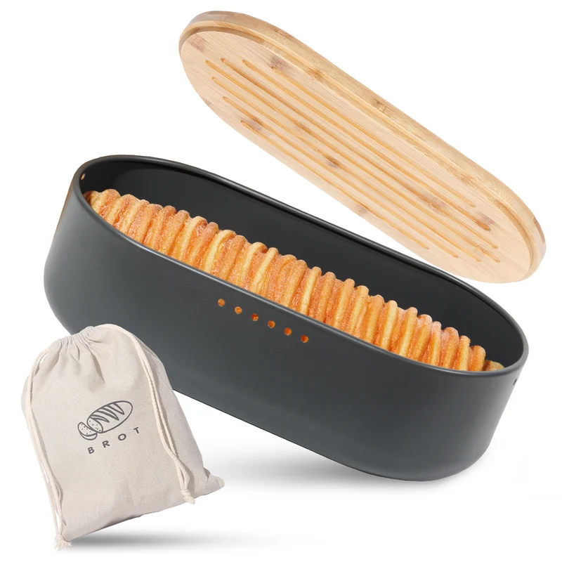 Brotkasten mit Schneidebrett, Brotaufbewahrung mit Deckel, Brotbox aus Metall, Brotbeutel aus Leinen, Bread Box (Grau)