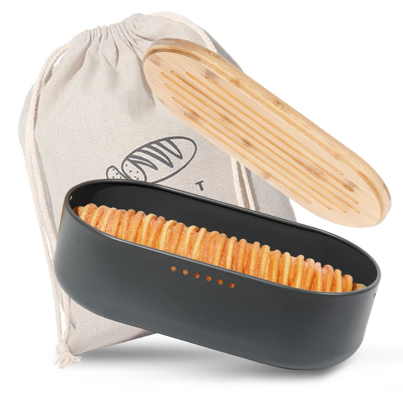 Brotkasten mit Schneidebrett, Brotaufbewahrung mit Deckel, Brotbox aus Metall, Brotbeutel aus Leinen, Bread Box (Grau)