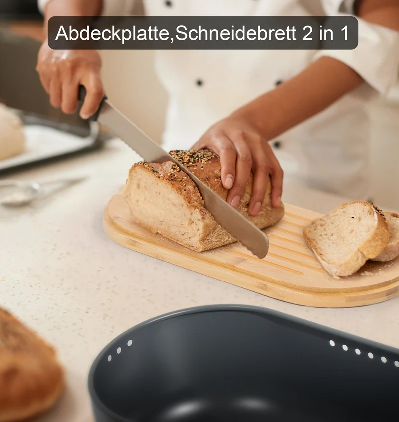 Brotkasten mit Schneidebrett, Brotaufbewahrung mit Deckel, Brotbox aus Metall, Brotbeutel aus Leinen, Bread Box (Grau)