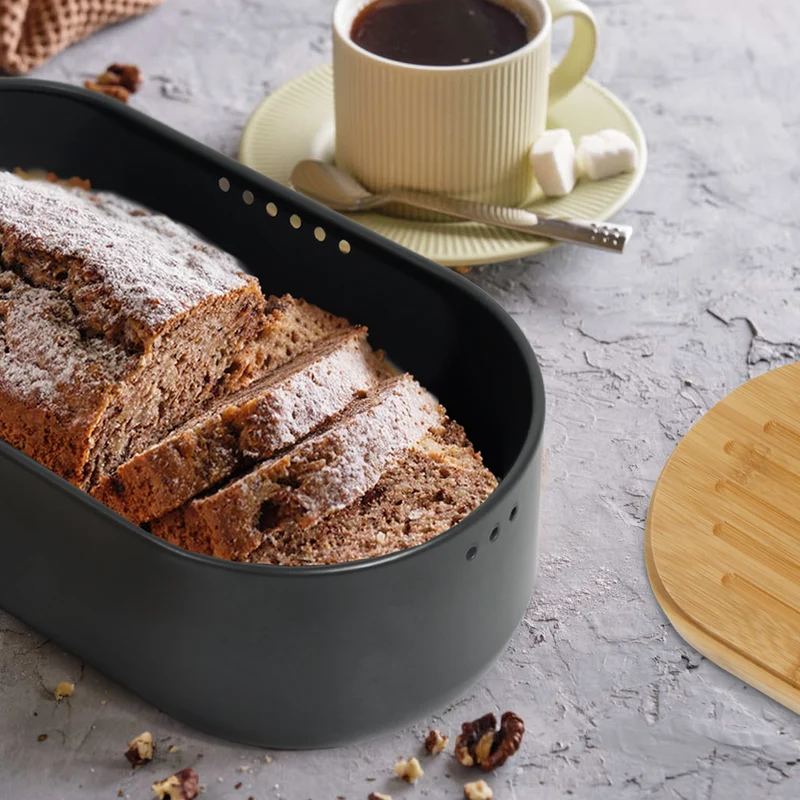 Brotkasten mit Schneidebrett, Brotaufbewahrung mit Deckel, Brotbox aus Metall, Brotbeutel aus Leinen, Bread Box (Grau)