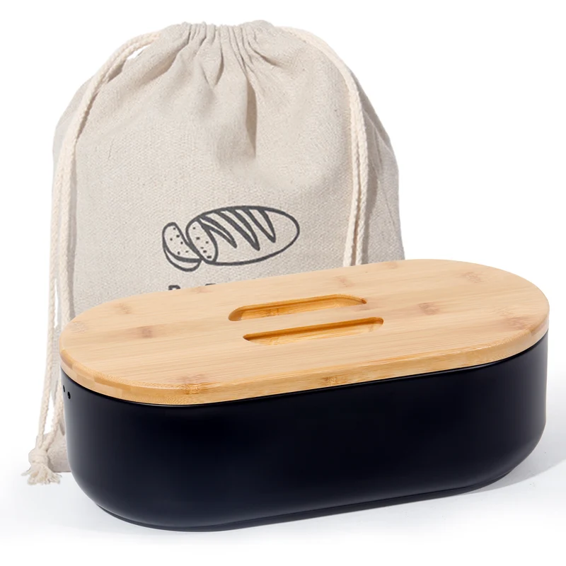 Brotkasten mit Schneidebrett, Brotaufbewahrung mit Deckel, Brotbox aus Metall, Brotbeutel aus Leinen, Bread Box (Schwarz)