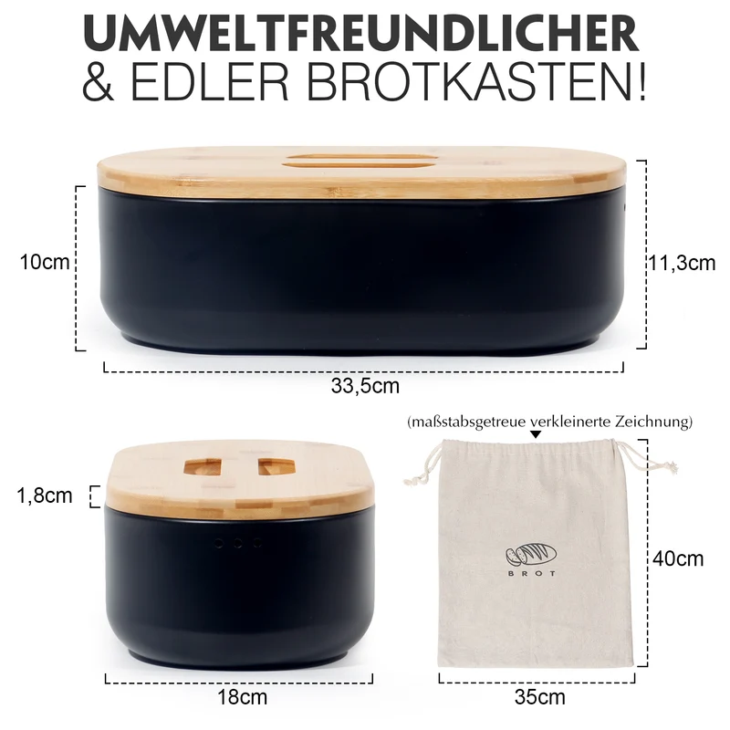 Brotkasten mit Schneidebrett, Brotaufbewahrung mit Deckel, Brotbox aus Metall, Brotbeutel aus Leinen, Bread Box (Schwarz)