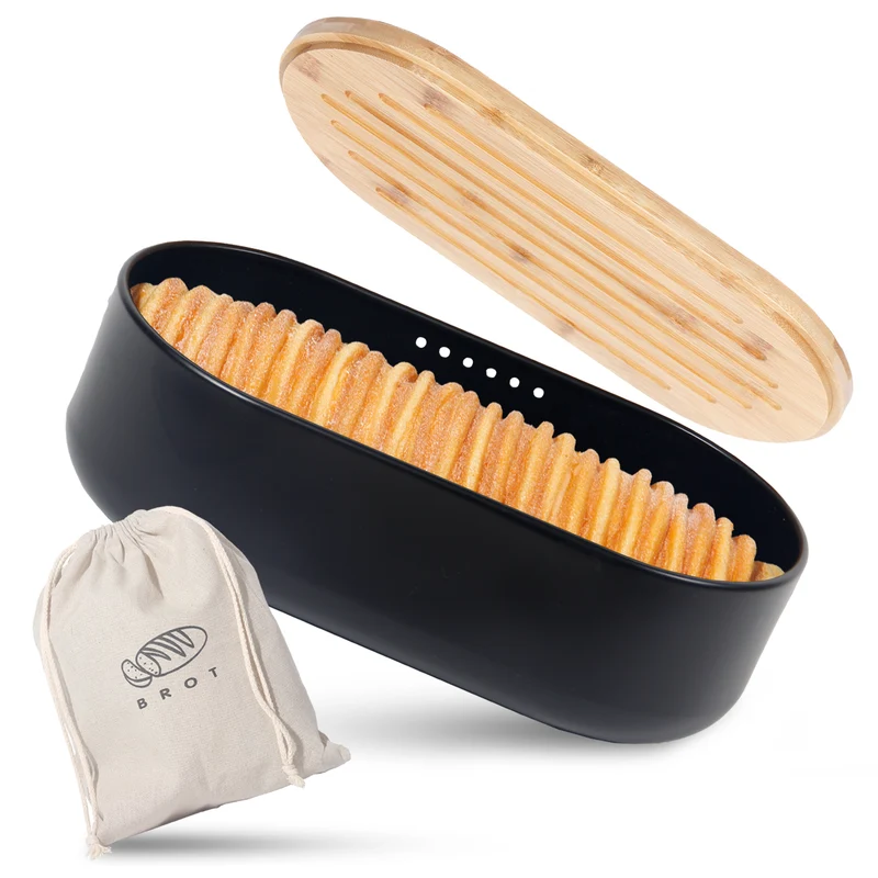 Brotkasten mit Schneidebrett, Brotaufbewahrung mit Deckel, Brotbox aus Metall, Brotbeutel aus Leinen, Bread Box (Schwarz)