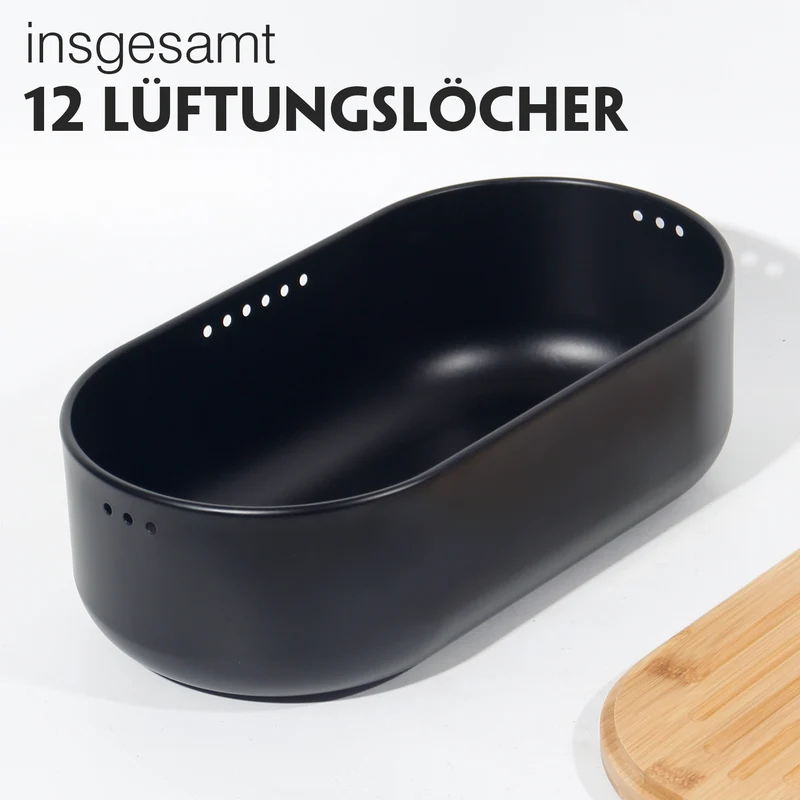 Brotkasten mit Schneidebrett, Brotaufbewahrung mit Deckel, Brotbox aus Metall, Brotbeutel aus Leinen, Bread Box (Schwarz)