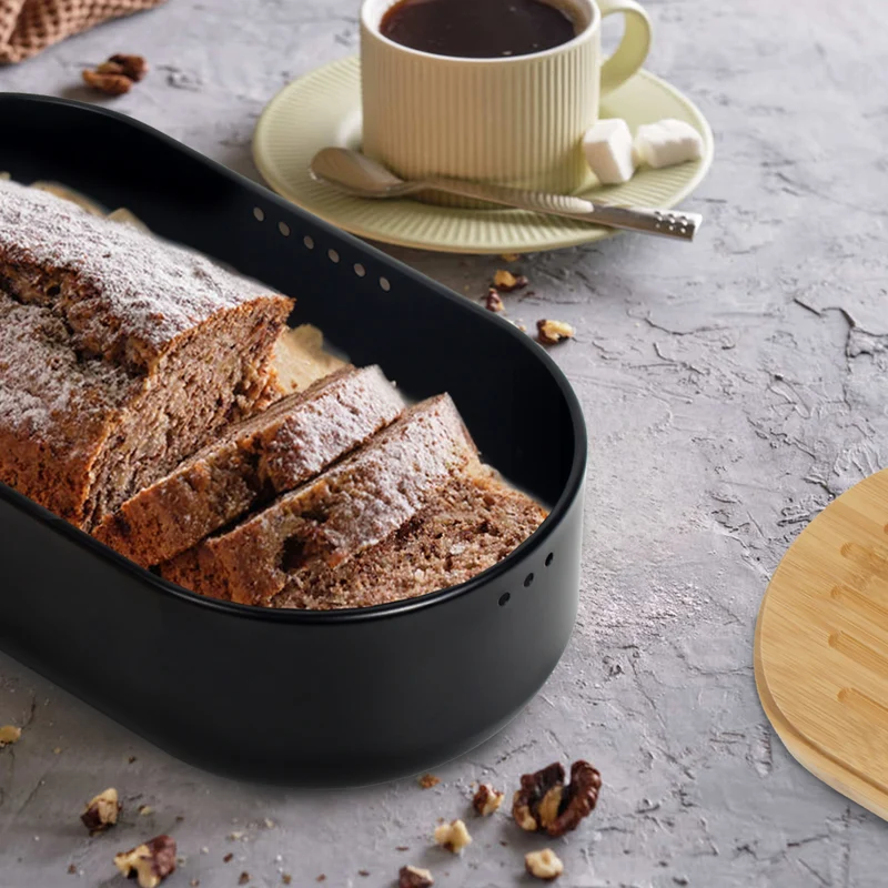 Brotkasten mit Schneidebrett, Brotaufbewahrung mit Deckel, Brotbox aus Metall, Brotbeutel aus Leinen, Bread Box (Schwarz)