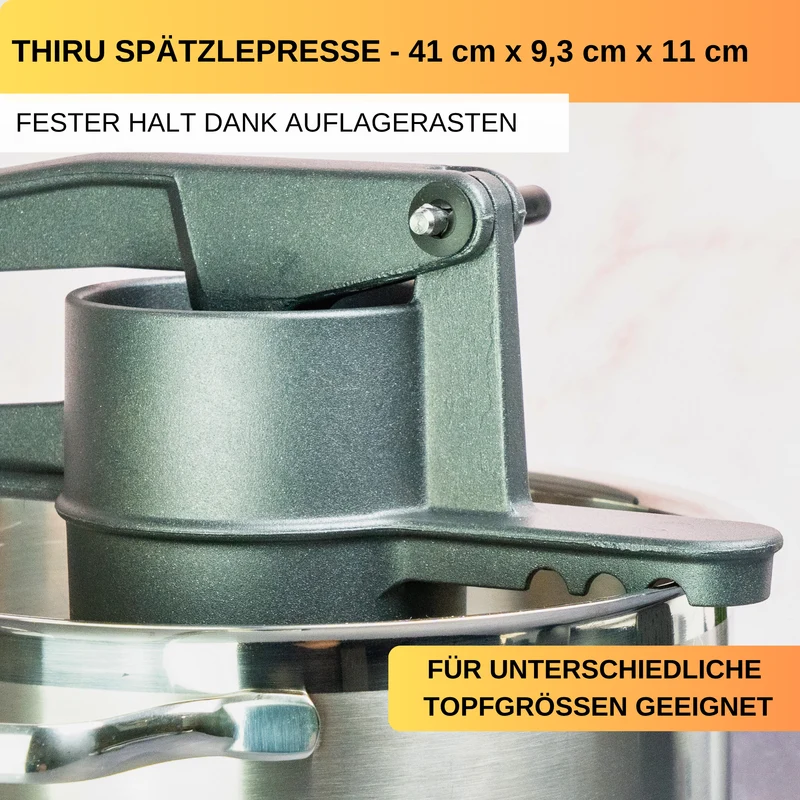 Thiru Spätzlepresse Premium inkl. GRATIS SCHAUMLÖFFEL - Ideal für Spätzle, Kartoffeln, Spagettieis, Säfte