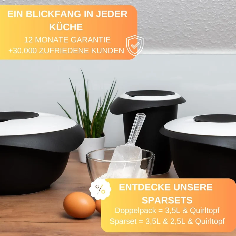 Rühr-und Backschüssel - Quirltopf - mit Spritzschutz Deckel - Rutschfest - inkl. 50 Backrezepte - Made in Germany