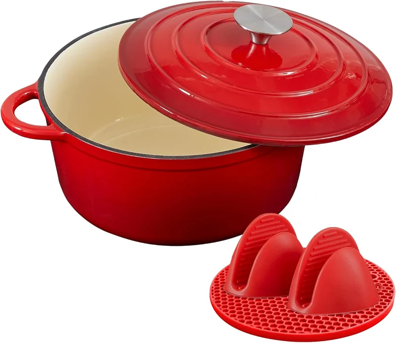 Topf Schmortopf 26cm Emaille Bräter mit Deckel Topflappen, Kasserollen Bratentopf brot backen für Backen Schmoren Braten Incl.1 Paar Silikon Ofenhandschuhe&Topfuntersetzer (Rot,5L)