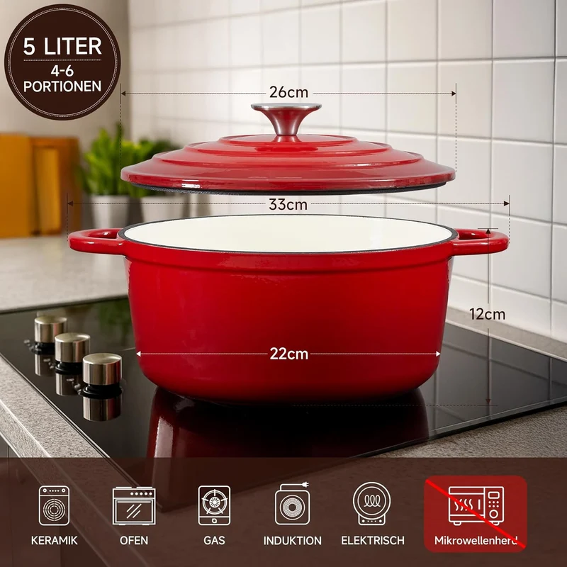 Topf Schmortopf 26cm Emaille Bräter mit Deckel Topflappen, Kasserollen Bratentopf brot backen für Backen Schmoren Braten Incl.1 Paar Silikon Ofenhandschuhe&Topfuntersetzer (Rot,5L)