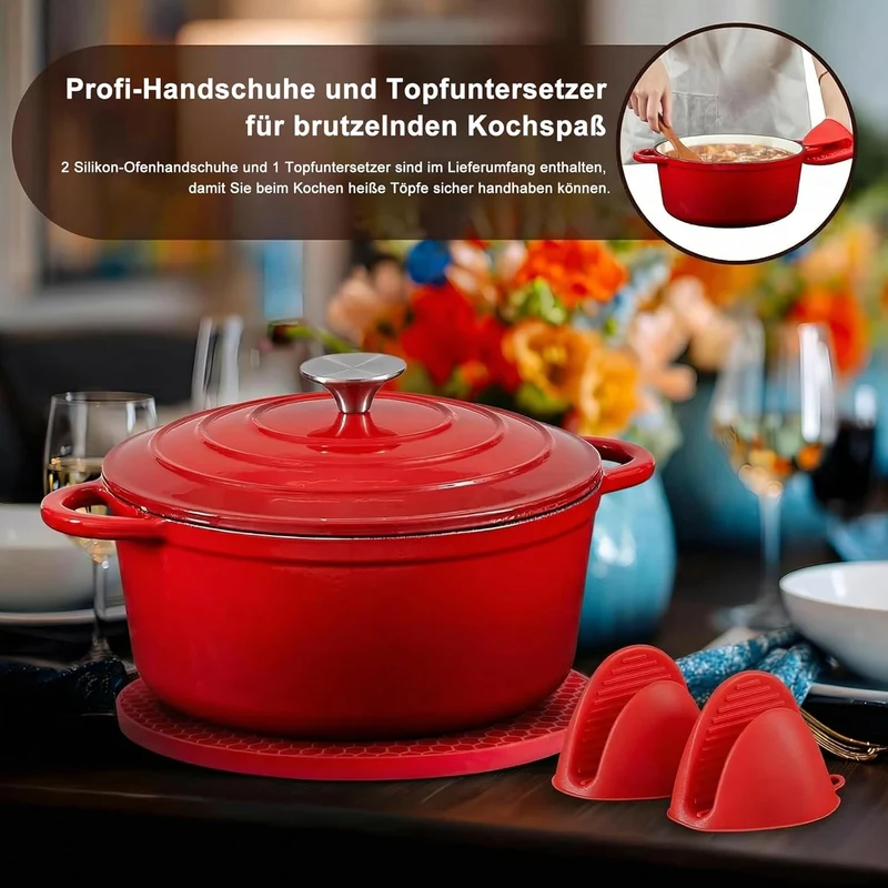 Topf Schmortopf 26cm Emaille Bräter mit Deckel Topflappen, Kasserollen Bratentopf brot backen für Backen Schmoren Braten Incl.1 Paar Silikon Ofenhandschuhe&Topfuntersetzer (Rot,5L)