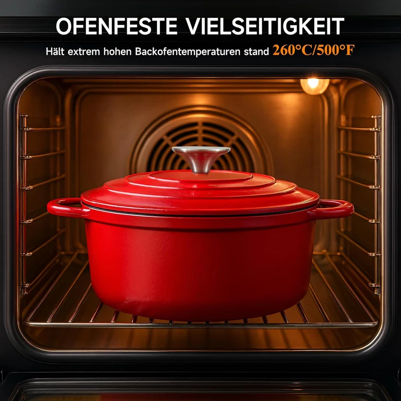Topf Schmortopf 26cm Emaille Bräter mit Deckel Topflappen, Kasserollen Bratentopf brot backen für Backen Schmoren Braten Incl.1 Paar Silikon Ofenhandschuhe&Topfuntersetzer (Rot,5L)