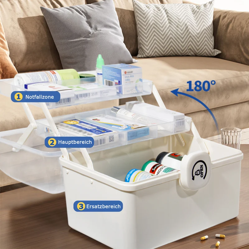Aufbewahrungsbox Medikamenten Aufbewahrung Medizinbox Apothekenbox HausapothekeBox Groß, Tragbar, Kindersicherung, 3 Treppenabteile(Open Weiß-39cm)