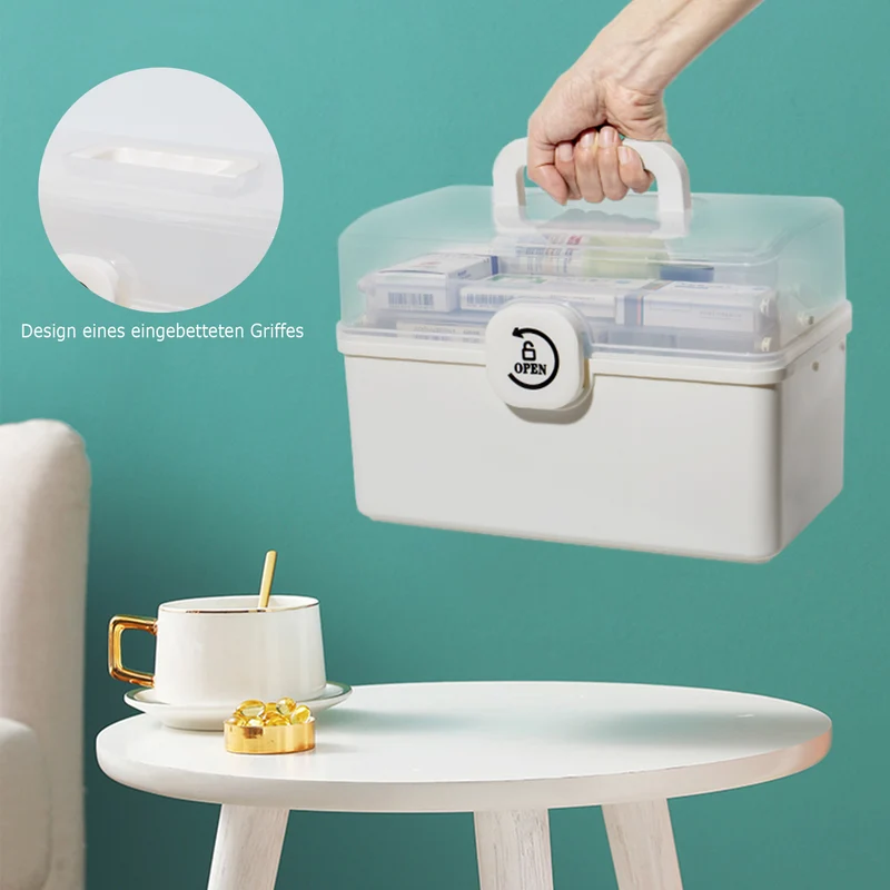 Aufbewahrungsbox Medikamenten Aufbewahrung Medizinbox Apothekenbox HausapothekeBox Groß, Tragbar, Kindersicherung, 3 Treppenabteile(Open Weiß-39cm)