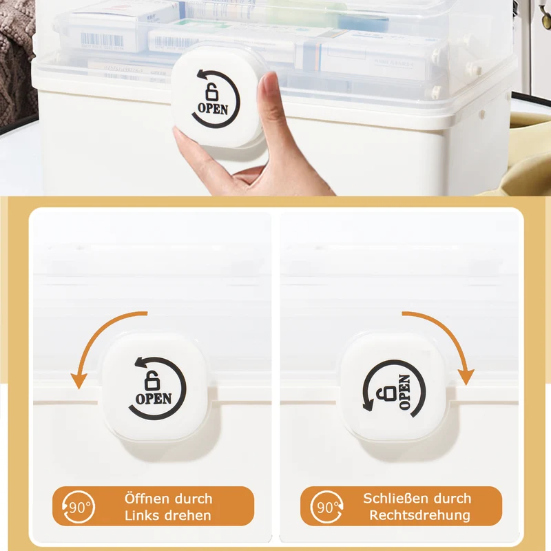 Aufbewahrungsbox Medikamenten Aufbewahrung Medizinbox Apothekenbox HausapothekeBox Groß, Tragbar, Kindersicherung, 3 Treppenabteile(Open Weiß-39cm)