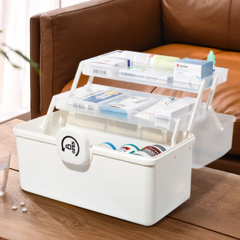 Aufbewahrungsbox Medikamenten Aufbewahrung Medizinbox Apothekenbox HausapothekeBox Groß, Tragbar, Kindersicherung, 3 Treppenabteile(Open Weiß-39cm)