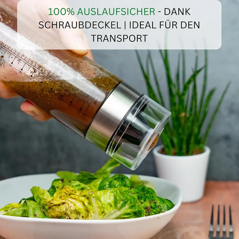 Thiru Dressingshaker - mit Skala - inkl. E-Book mit 25 Dressing Rezepten - auslaufsicher & spülmaschinenfest