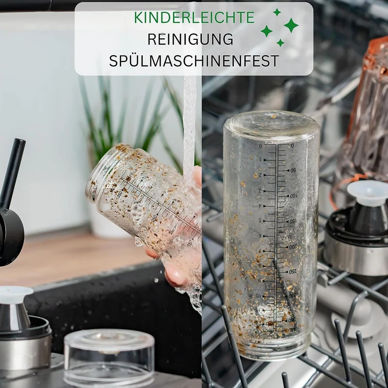 Thiru Dressingshaker - mit Skala - inkl. E-Book mit 25 Dressing Rezepten - auslaufsicher & spülmaschinenfest