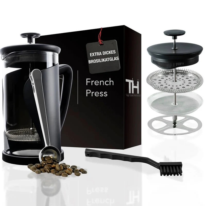 Thiru French Press - Kaffeebereiter mit 4D Filtersystem, Edelstahl & Glas