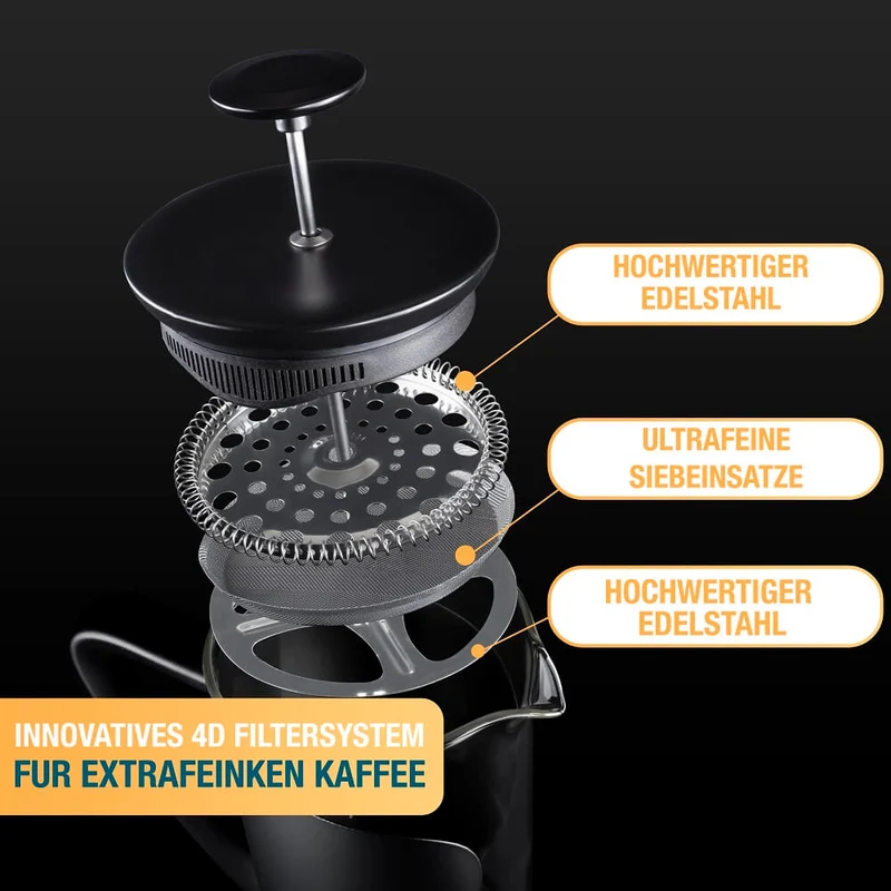 Thiru French Press - Kaffeebereiter mit 4D Filtersystem, Edelstahl & Glas