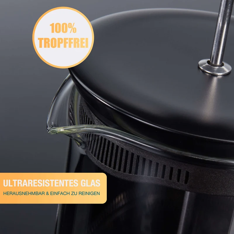 Thiru French Press - Kaffeebereiter mit 4D Filtersystem, Edelstahl & Glas