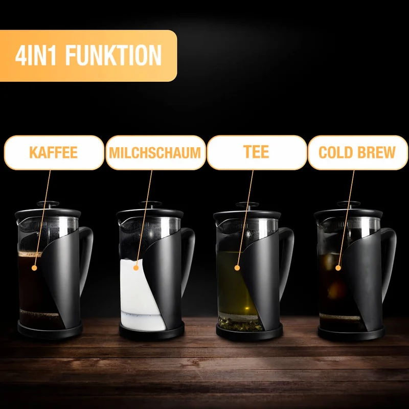 Thiru French Press - Kaffeebereiter mit 4D Filtersystem, Edelstahl & Glas
